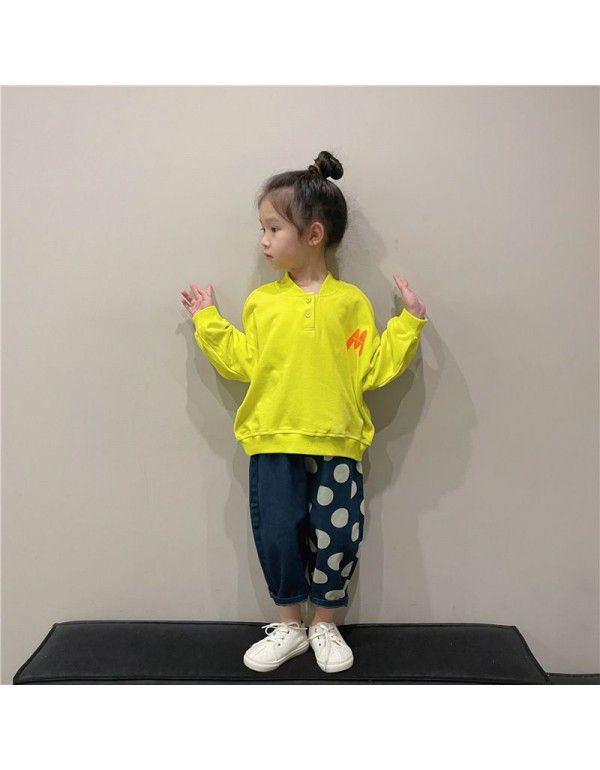 Children's wear Children's pants Spring wear New Korean polka dot jeans Fashionable baby color contrast casual pants