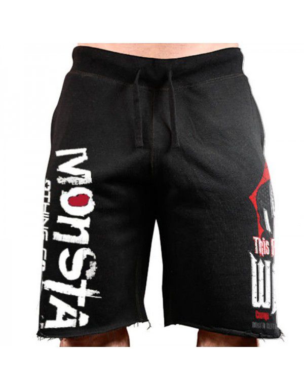 Muscle Fitness Summer Men's Sports Running Casual Shorts Drawcord Printed Cotton Stretch Capris