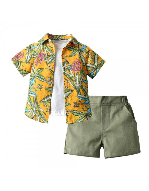 Hawaiian Set Boys' Fashion Flower Shirt Jacket Short Sleeve T-shirt Shorts 3PK Set 