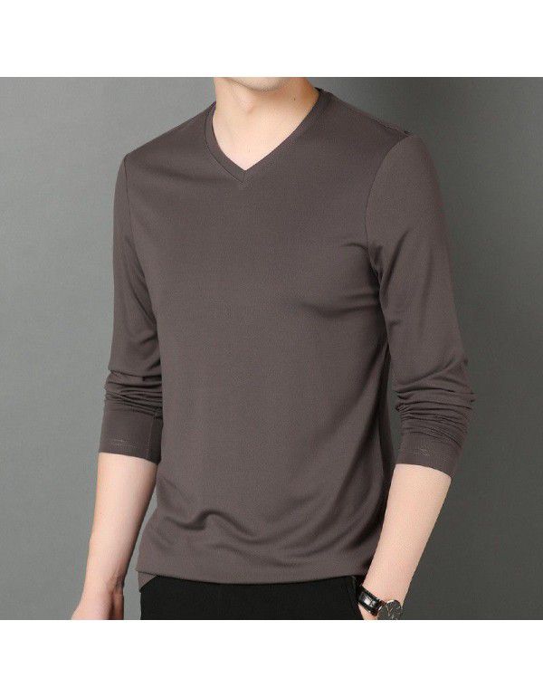 Autumn and Winter V-Neck Men's Long Sleeve Solid Color T-shirt with Silk Youth Fashion Pullover Modal Bottom Shirt