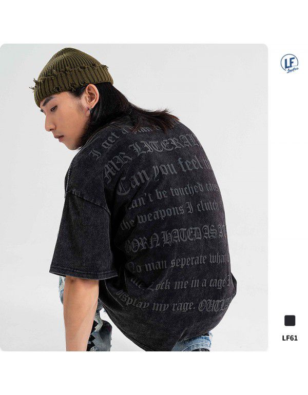 Summer New China-Chic Brand Men's Washing Gothic Letter Foam Printed Short Sleeve T-shirt for Men