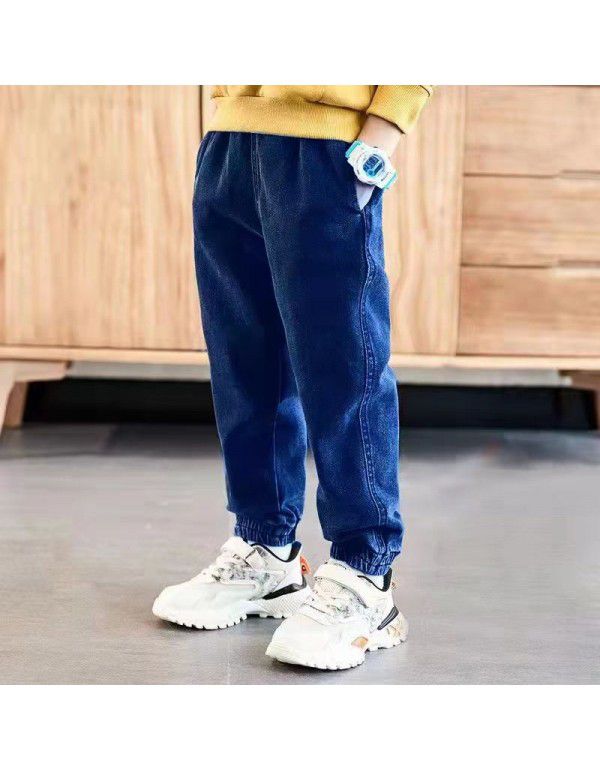 Boys' jeans autumn and winter plush children's leggings loose casual children's clothing