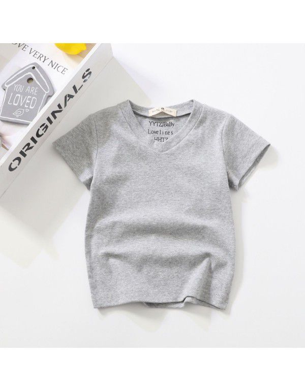 Summer New Children's Short Sleeve V-Neck T-shirt Men's and Women's Small and Middle School Children's Baby Cotton Top Solid Color Bottom Shirt 