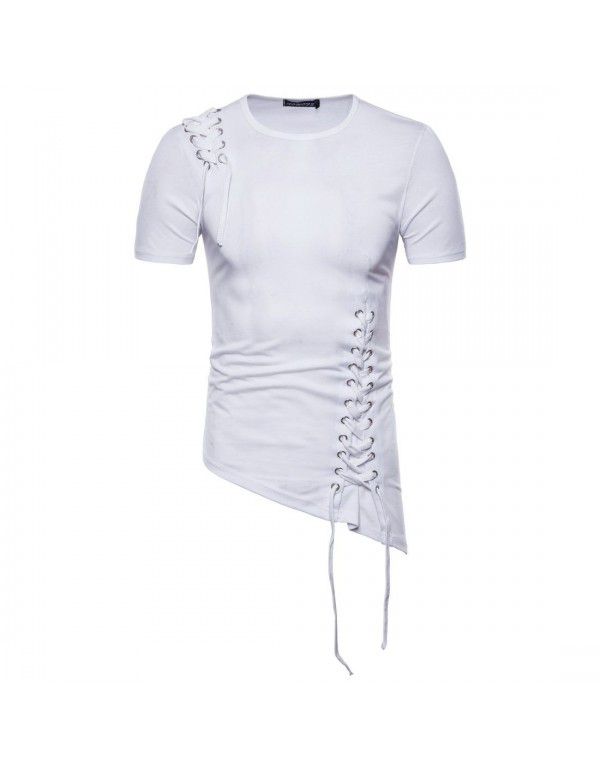 Summer European Size Irregular Design Woven Rope Men's Short Sleeve T-shirt Casual T-shirt Men