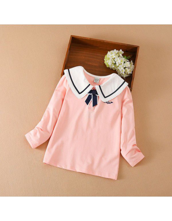 Girls' long-sleeved T-shirt autumn thin children's wear with Korean version of Chinese and large children's lapel bottom shirt Children's top