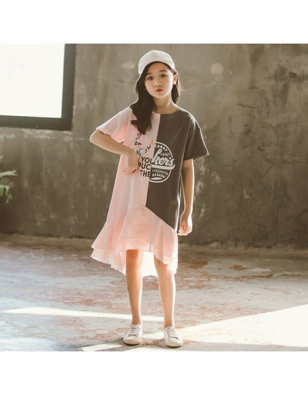 Summer Korean version of large and medium-sized children's clothing color letters t-shirt short sleeve dress children's skirt parent-child dress 