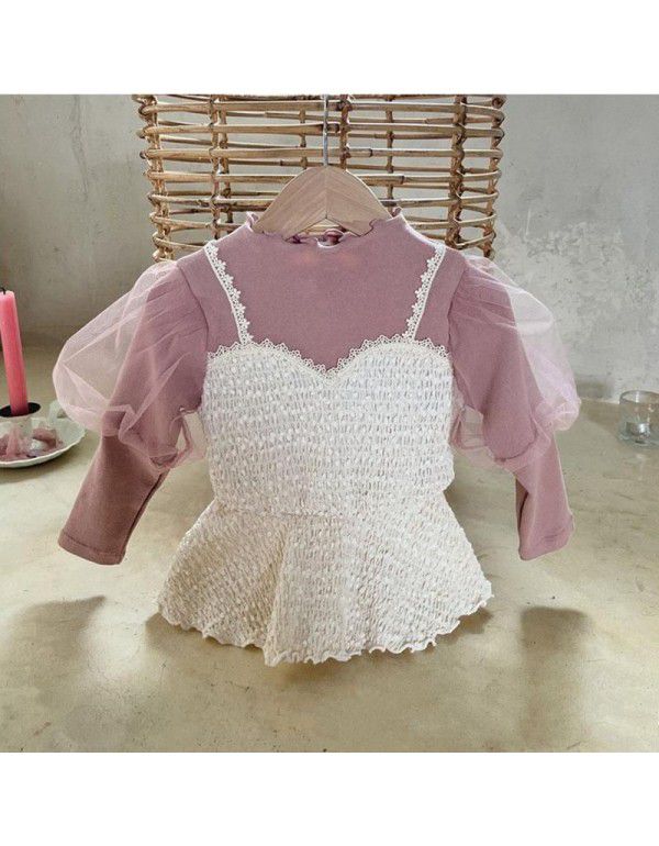 Autumn girls' foreign fashion fake two pieces of bubble sleeve princess long-sleeved top children's fashion sling T-shirt 