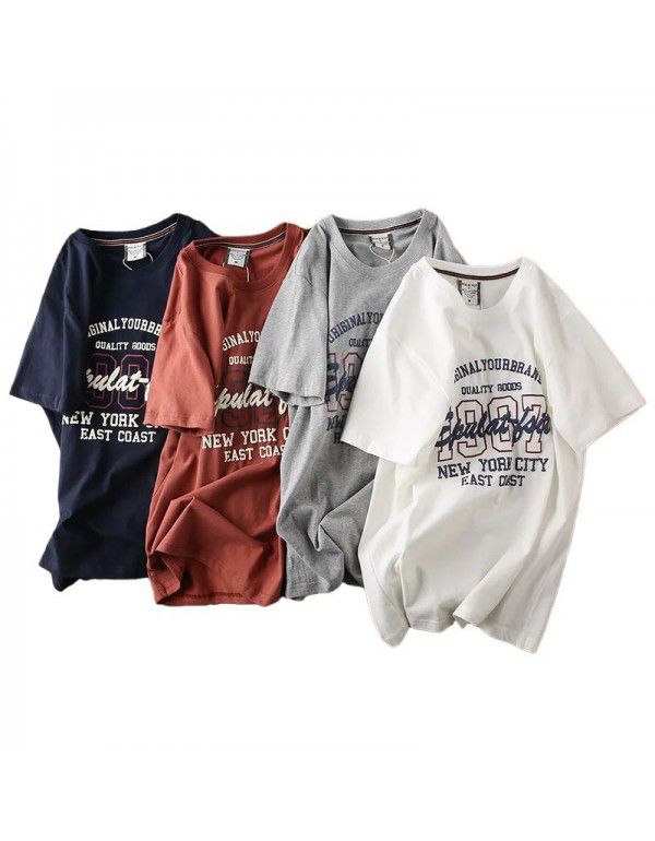 American Vintage Wash Cotton Vintage Bubble Print Summer Fashion Versatile T-shirt Short Sleeve Men