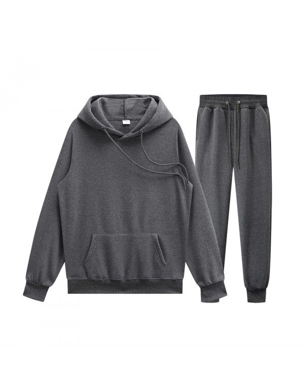 Men's pullover sweater set manufacturer polyester plush sweater hoodie+two-piece set of trousers 