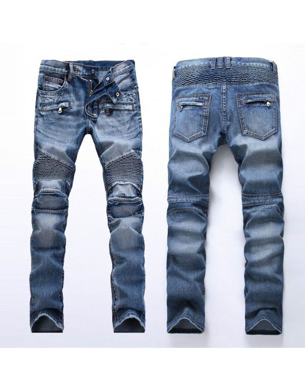 Jeans Men's Light Pleated Slim Fit Straight Zipper Decorative Motorcycle Pants