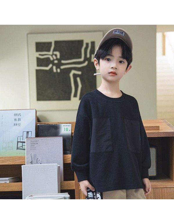 Boys' Long Sleeve T-shirt New Autumn Children's Top Medium and Large Children's Patch Round Neck Children's Pullover Bottom Shirt