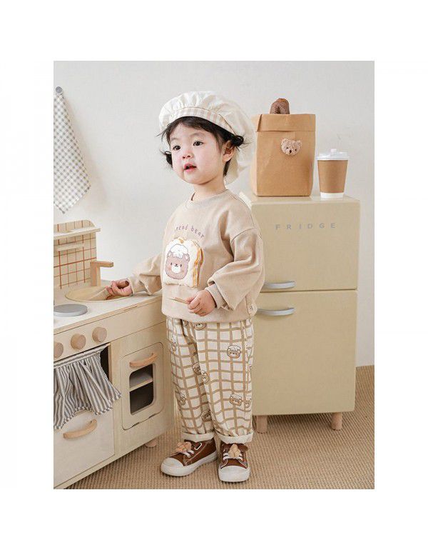 Children's Bread Bear Strap Pants Baby Cartoon Sweater Set Spring Girls' Casual Pants