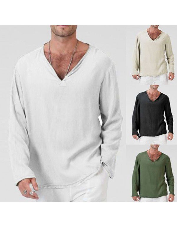 Fashion New Cotton Linen National Style Loose Fit Men's V-neck Solid Long Sleeve T-shirt