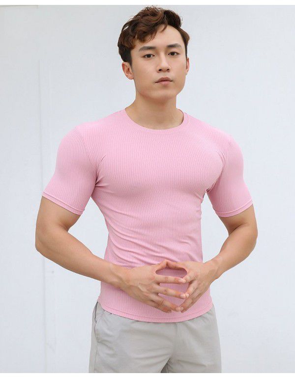 New sports short-sleeved men's summer solid color stripe fitness training casual high stretch fit T-shirt top 