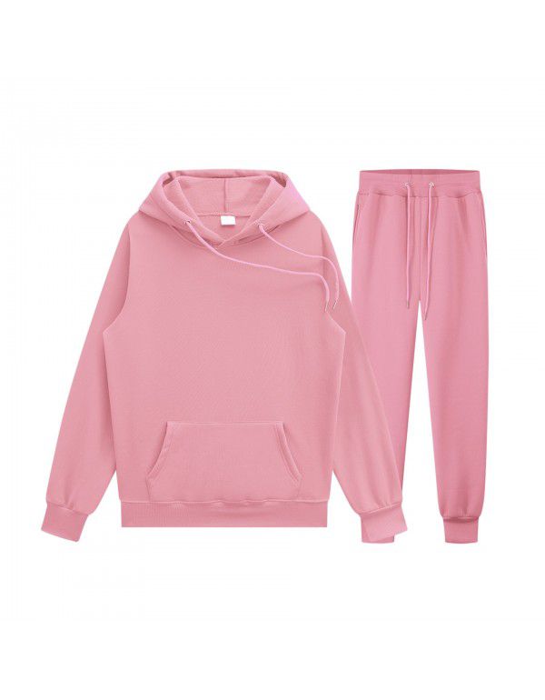 Men's pullover sweater set manufacturer polyester plush sweater hoodie+two-piece set of trousers 