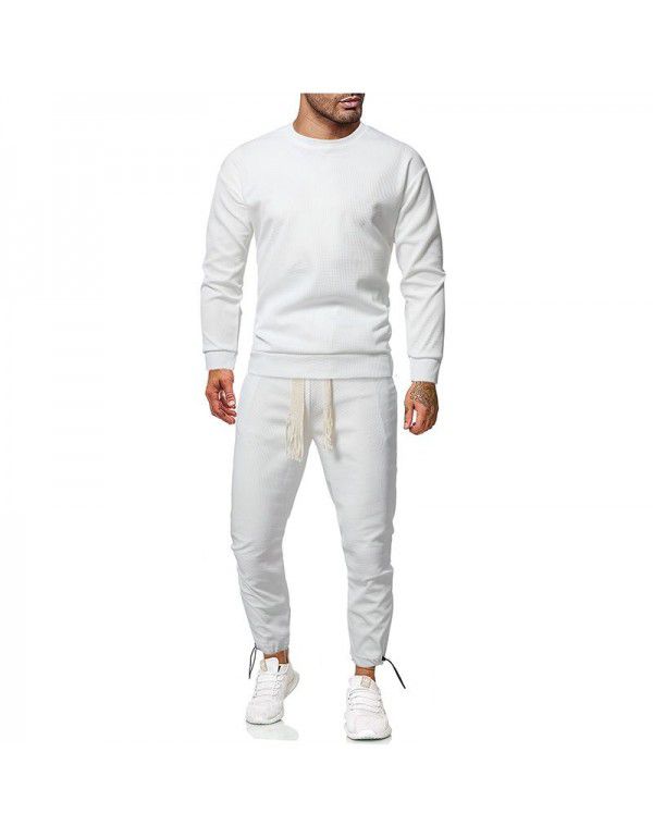 New men's solid color long-sleeved sports sweater suit men's casual round neck two-piece set 