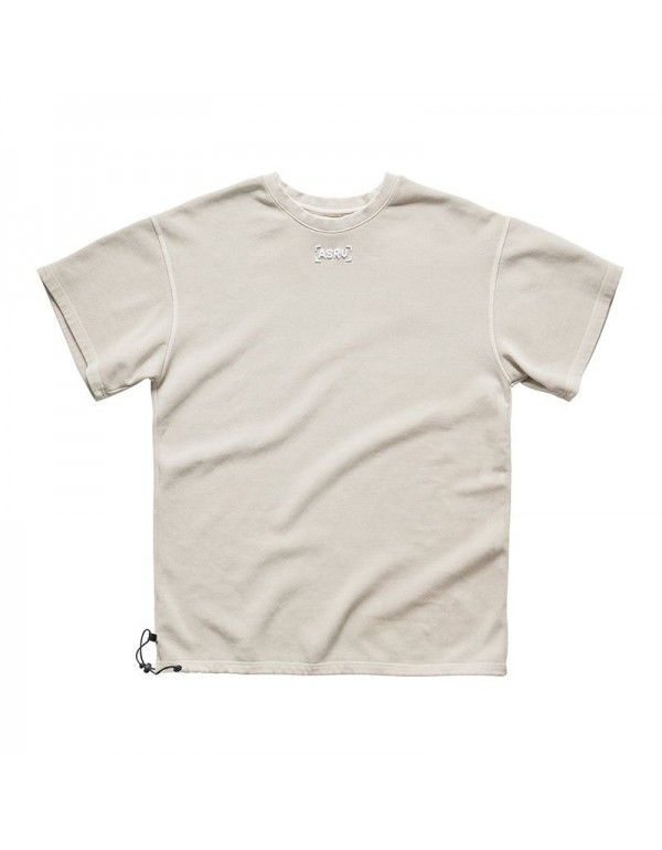 Chaopai Men's Heavyweight Men's T-Shirt Korean Edition Solid Color Round Neck Short Sleeve Men's T-Shirt Cotton Wash Embroidery Drop Shoulder T-shirt