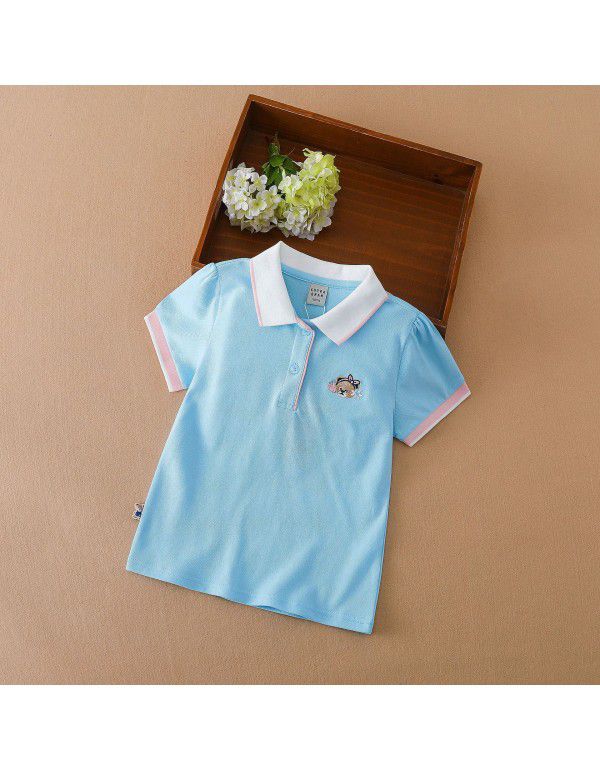 Girls' Short Sleeve T-shirt Polo Shirt Summer New Children's Top Pure Cotton Large Children's Wear Solid Color Underlay Shirt Thin