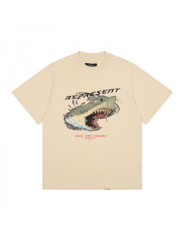 Shark Print Damaged Short Sleeve T-shirt Cotton Men Heavyweight Washed Old American High Street Loose Fit