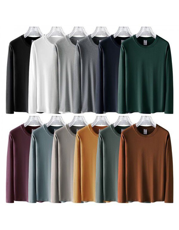 Long Sleeve T-shirt Men's Spring Autumn Sweater Round Neck Loose Solid White Bottom Shirt Men's Top Garment Heavyweight Cotton