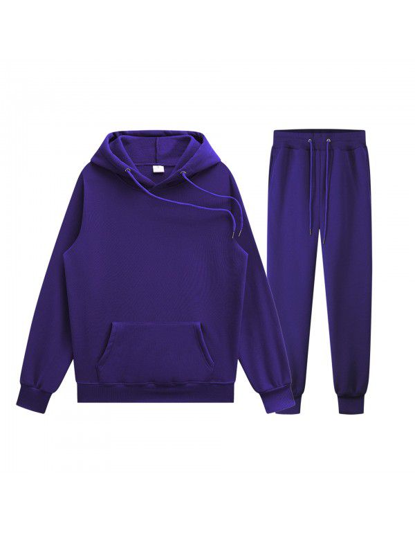 Men's pullover sweater set manufacturer polyester plush sweater hoodie+two-piece set of trousers 