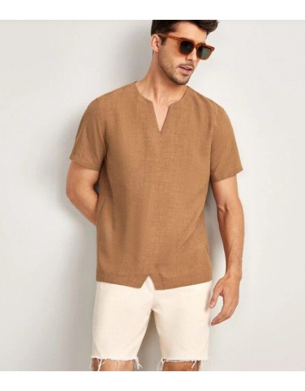 Summer new men's three-quarter sleeve V-neck loose cotton linen short-sleeved T-shirt 