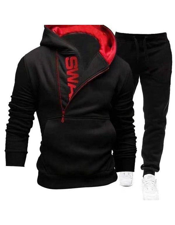 New Men's Hooded Oblique Zipper Print Cover Two Piece Sweater Pants Outer Set