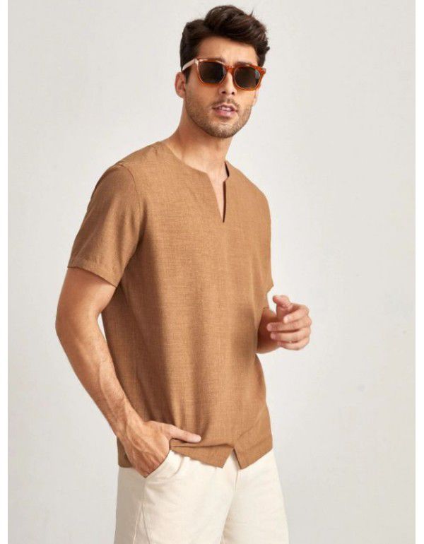 Summer new men's three-quarter sleeve V-neck loose cotton linen short-sleeved T-shirt 
