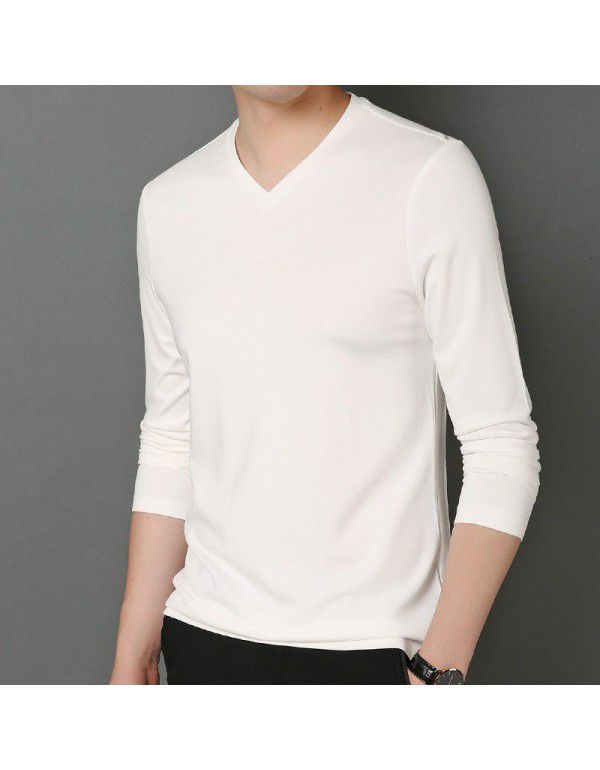 Autumn and Winter V-Neck Men's Long Sleeve Solid Color T-shirt with Silk Youth Fashion Pullover Modal Bottom Shirt