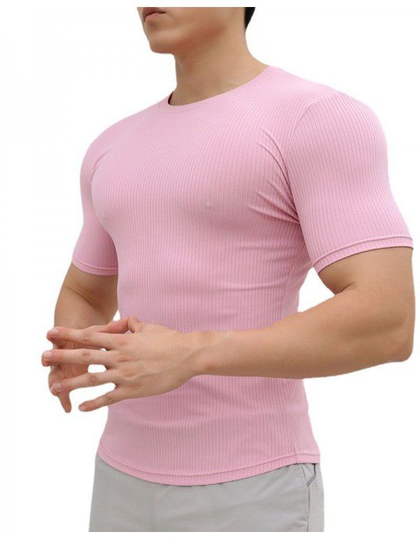 New sports short-sleeved men's summer solid color stripe fitness training casual high stretch fit T-shirt top 