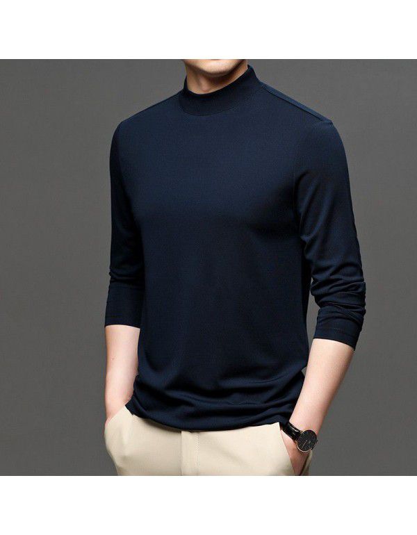 Autumn New Brand Men's Wear Solid Color Men's Pullover Fashion City Middle Neck Underlay T-shirt Silk Men's T Shirt