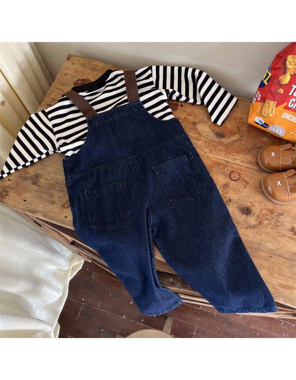 Children's Denim Strap Pants Set Spring New Korean Children's Wear Girls' Striped T-shirt Two Piece Set Westernized