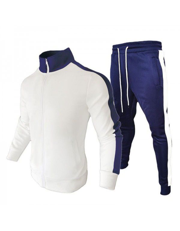 Men's casual sports suit cardigan color matching trend stand collar two-piece set 