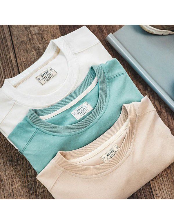 Madden work clothes American style retro solid color round neck matted white t-shirt men's thin cotton short sleeve ins fashion label 