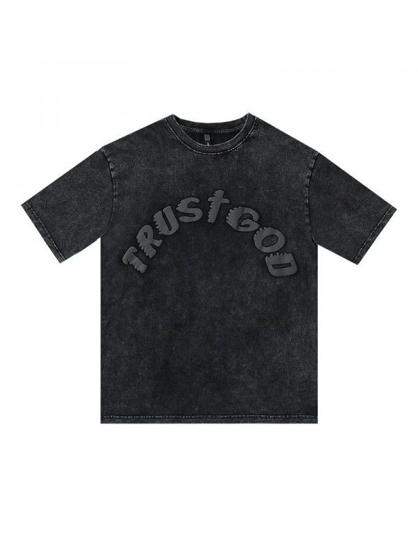 High Street Wash Old Print Retro Short Sleeve T-shirt Men's Euro American Street Hip Hop Half Sleeve Tee Top Women