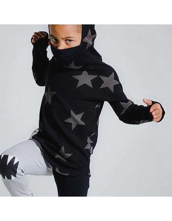 Unisex Five-pointed Star Pullover Sweater Long Sleeve Boys' Hooded T-shirt Children's Spring and Autumn