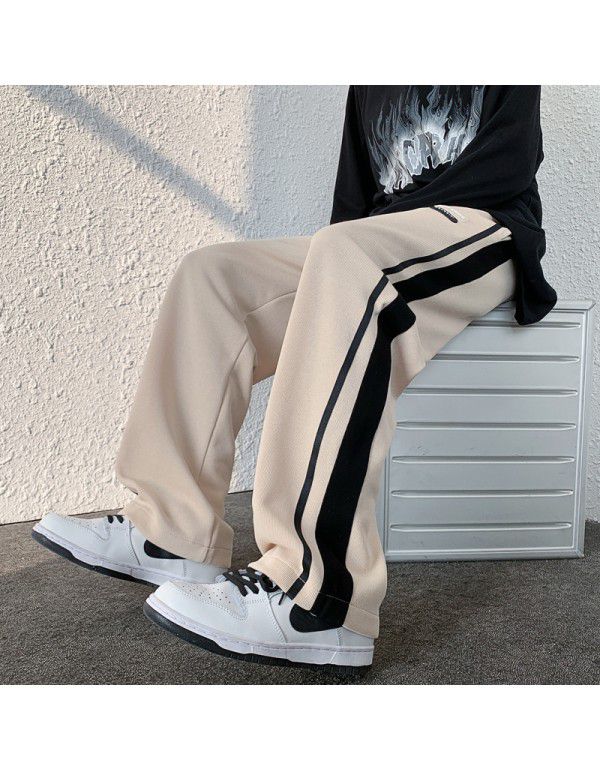 Casual pants men's autumn new style Hong Kong fashion brand striped loose pants men's straight leg wide leg sports pants 