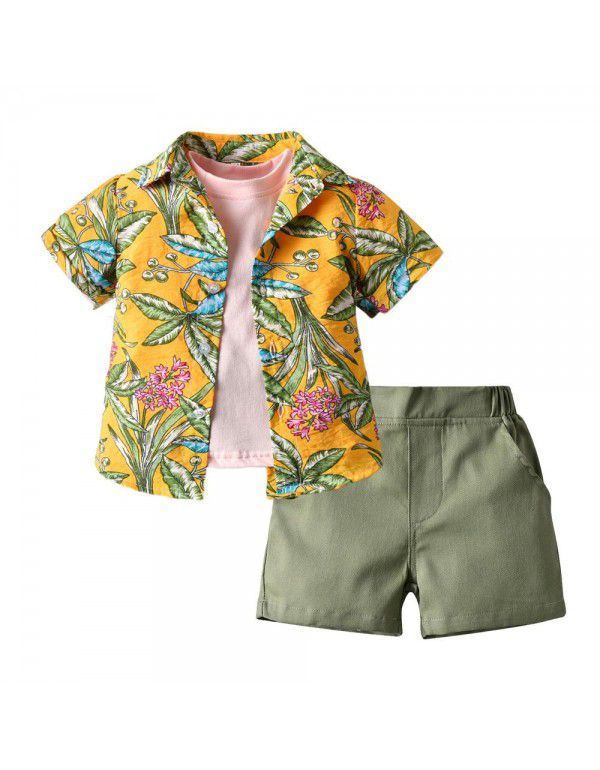 Hawaiian Set Boys' Fashion Flower Shirt Jacket Short Sleeve T-shirt Shorts 3PK Set 