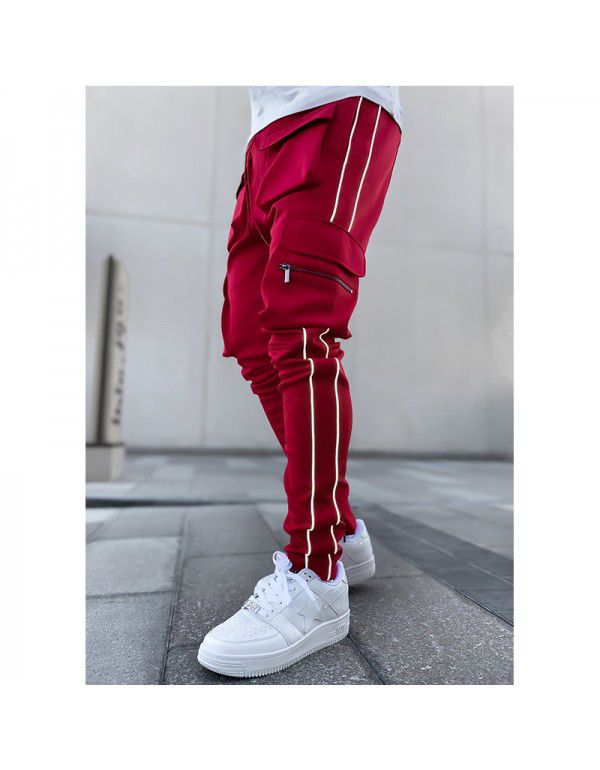 Spring and Autumn Work Wear Pants Men's Fashion Brand Elastic Multi Pocket Reflective Straight Sleeve Sports Fitness Casual Pants