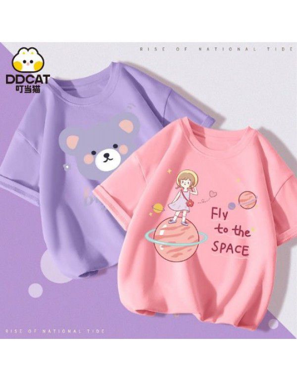 Girls' Short Sleeve T-shirt Summer Cartoon Print Cotton Half Sleeve T-shirt Medium and Big Kids