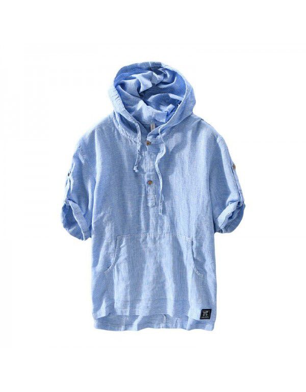 Summer Men's Cotton Linen Stripe Short Sleeve Casual Loose Fit Men's Hooded T-shirt Men's Linen