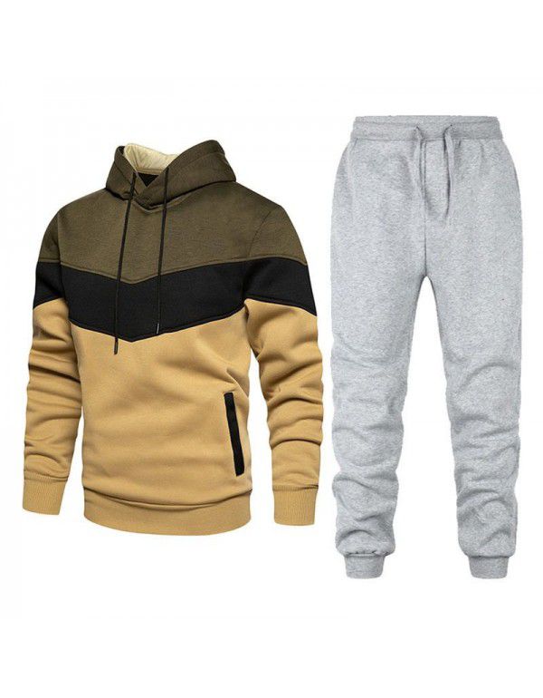 Men's sports suit fashion casual spring and autumn patchwork hooded sweater pants two-piece set 