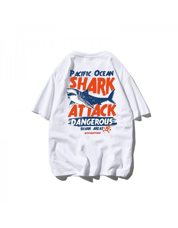 Shark short-sleeved European and American fashion brand half-sleeved loose hip-hop t-shirt men's fat men's fashion large 