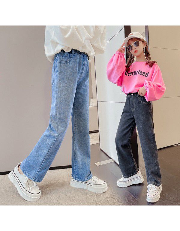 Girls' Denim Wide Leg Pants Spring and Autumn Outw...