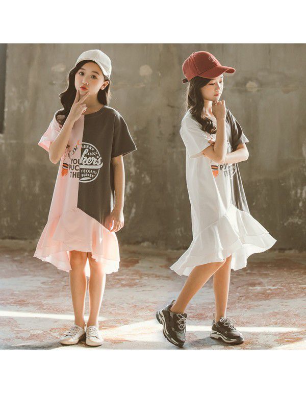 Summer Korean version of large and medium-sized children's clothing color letters t-shirt short sleeve dress children's skirt parent-child dress 