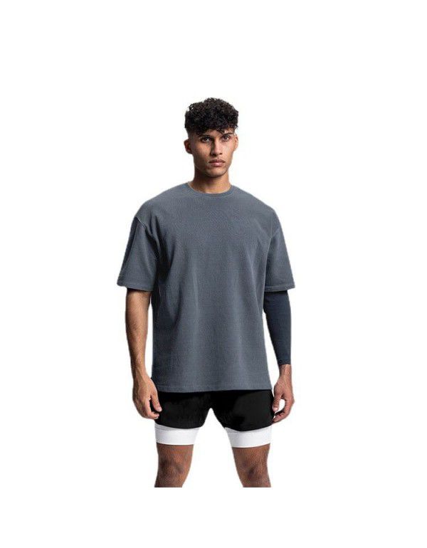 Summer new sports fitness t-shirt large drop shoulder t-shirt washed cotton blank round neck short sleeve men's loose 