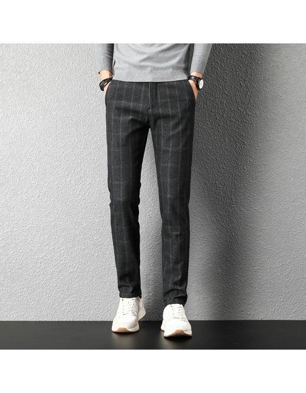 Casual pants for men in autumn and winter Business trend for middle-aged and young people Plaid brushed trousers Straight tube loose pants for men
