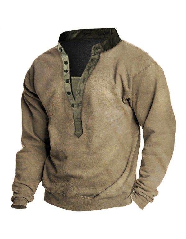 Large T-shirt Men's Outdoor Vintage Khaki Long Sleeve Henley Neck Sweatshirt