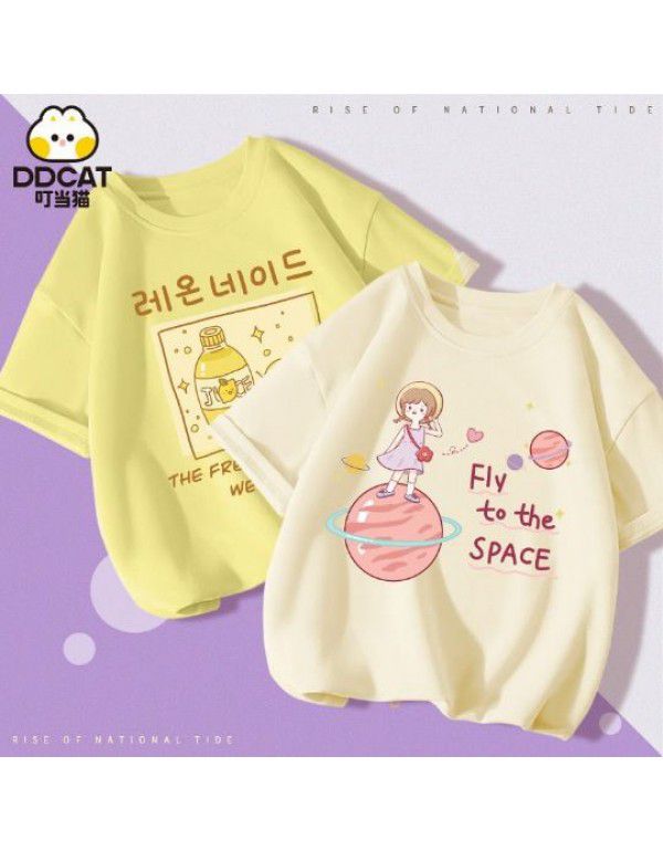 Girls' Short Sleeve T-shirt Summer Cartoon Print Cotton Half Sleeve T-shirt Medium and Big Kids