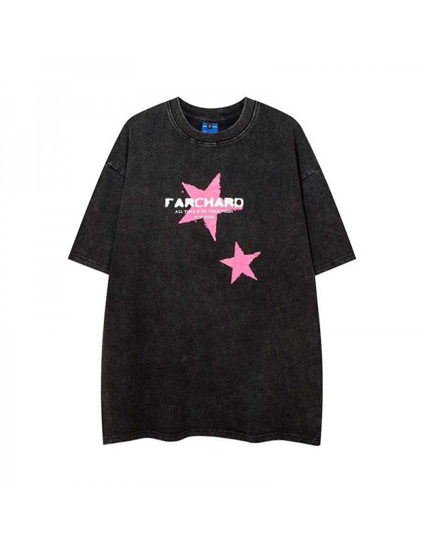 Street American Vintage Letter Five-pointed Star Print Short Sleeve T-shirt Men's Fashion Brand Loose Washed Half Sleeve Shirt 
